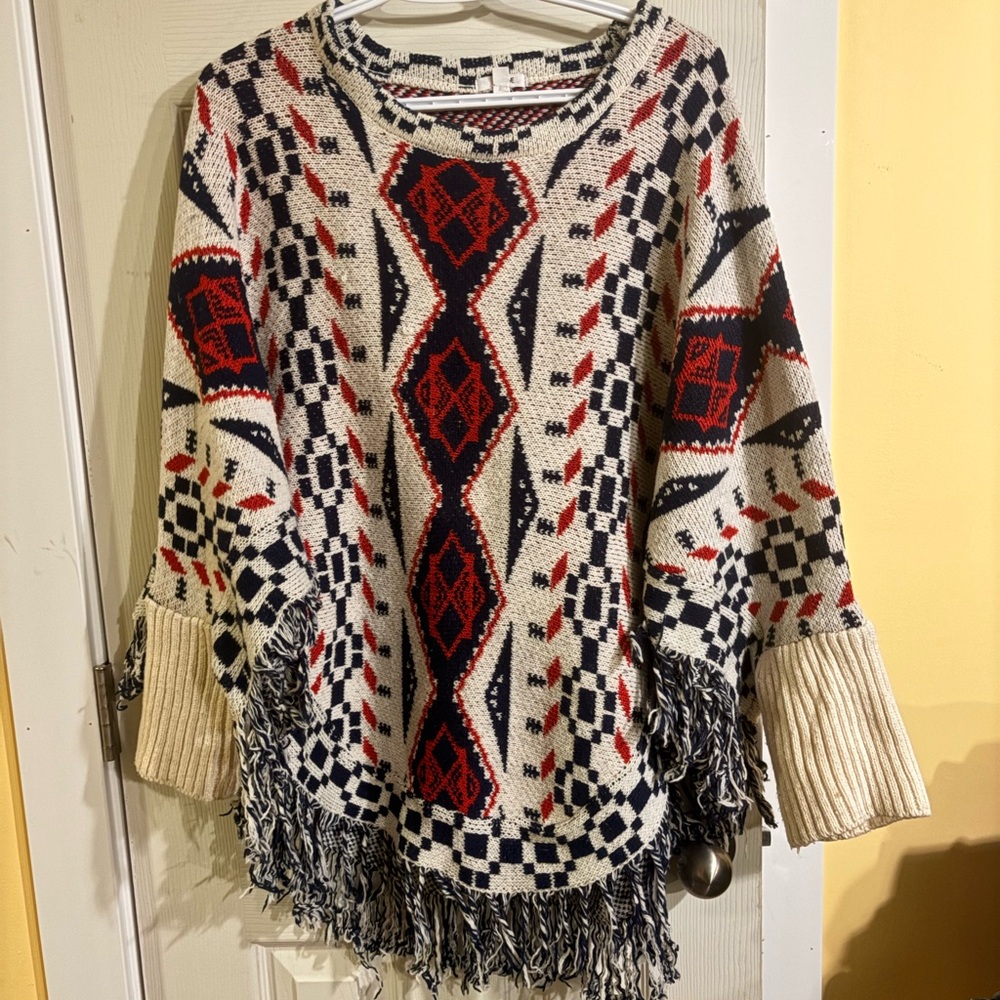 Fringe Knit Sweater with Geometric Pattern